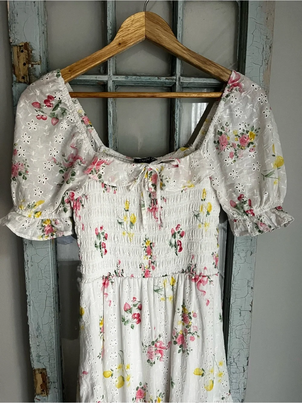 Crystal Sky Floral Eyelet Smocked Midi Dress - Size XS
